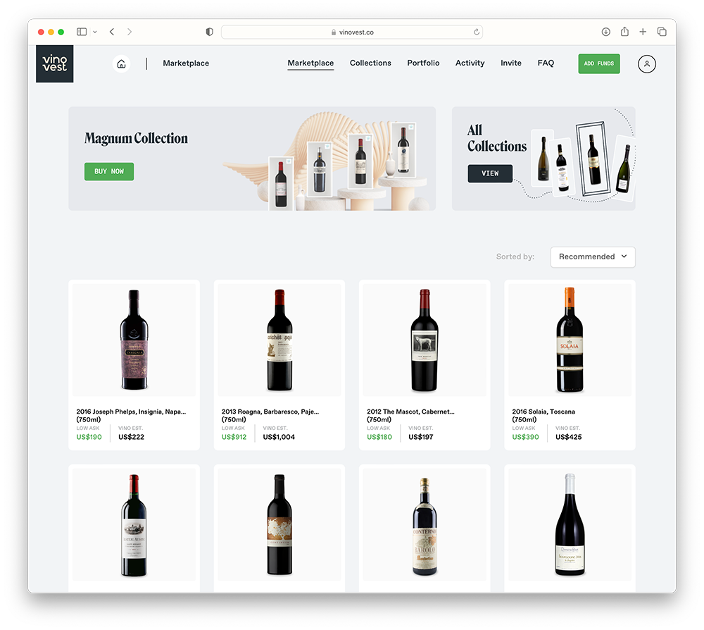 A screenshot of the Vinovest Marketplace as of March 2023.